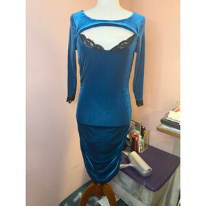 Frederick's of Hollywood teal velvet vintage dress black lace sz medium USA